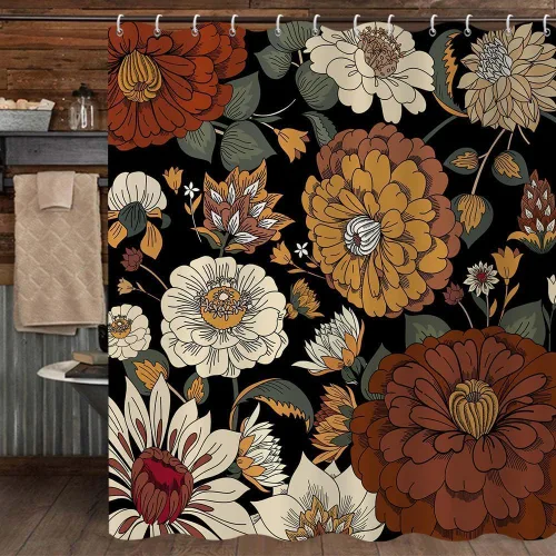 Miniatura 2 de Cortina de ducha con diseño floral bohemio, abstracto, retro, botánico, de mediados de siglo, moderna, para decoración del hogar, tela impermeable
