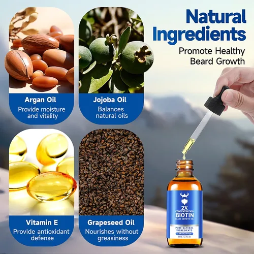 Miniatura 5 de Aceite para el crecimiento de la barba, aceite de biotina para barba de concentración 2X para hombres (2 onzas), aceite natural para barba