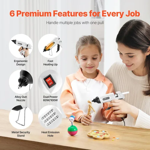 Miniatura 4 de VEVOR Pistola de pegamento caliente, 60/100 W de doble potencia, mini pistola de pegamento caliente con 20 barras de pegamento premium y bolsa