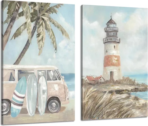Miniatura 12 de ARTISTIC PATH Arte de Pared en Lienzo de Playa Tropical - 2 Piezas Pintura de Palmeras Imágenes de Paisajes Costeros del Océano Impresiones
