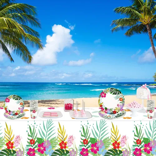 Miniatura 6 de 121 piezas de decoraciones hawaianas de Luau para fiesta, suministros de vajilla Aloha Tropical para fiesta, incluyendo platos, servilletas, tazas