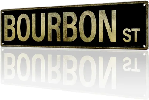 Letrero de bar vintage – BOURBON ST' | Letreros metálicos de 16 x 4 pulgadas para decoración de cueva de hombre, bar o garaje – Regalos divertidos