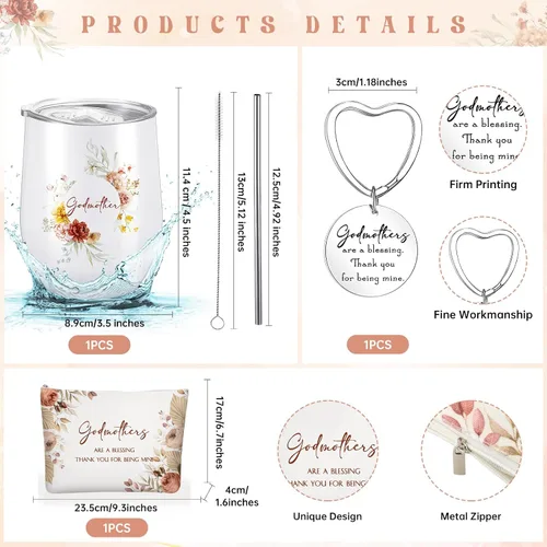 Miniatura 2 de Didaey Juego de 3 regalos para madrina de parte del ahijado, regalo de propuesta de madrina, vaso de acero inoxidable, bolsa de maquillaje, llavero