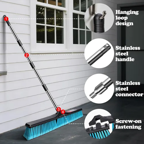 Miniatura 3 de MASTERTOP 24" Heavy Duty Push Broom with Ultra-Sturdy Adjustable Handle, 6-Layer Stiff Bristles Garden Yard Broom, Outdoor Sweeping Brush for