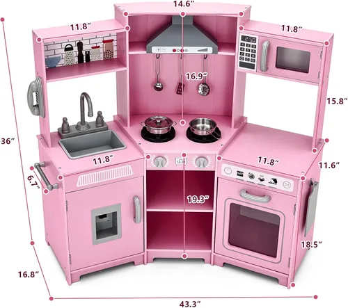 Miniatura 2 de JOYLDIAS Cocina de Juego para Niños, Set de Juguetes de Cocina de Madera de Esquina de Mentira para Niños Pequeños con Luces y Sonidos Realistas