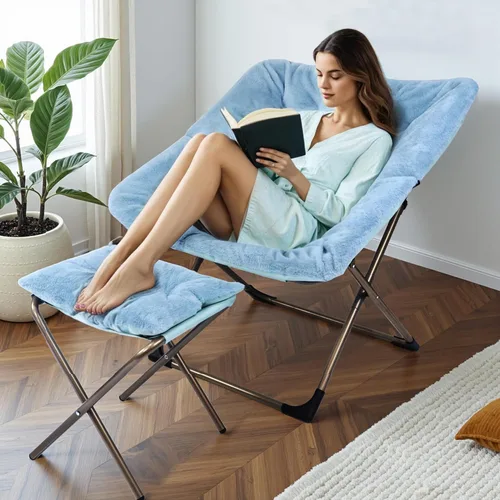 Miniatura 2 de Kokel Silla plegable de felpa y otomana acolchada con marco de metal para sala de estar (BLUE-TM19)
