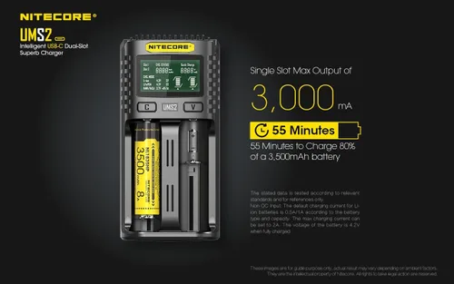 Miniatura 3 de Nitecore UMS2 - Cargador de batería inteligente de doble ranura USB-C rápido para baterías Li-Ion/Ni-MH/Ni-Cd/IMR 16340 14500 18650 21700 20700 AA