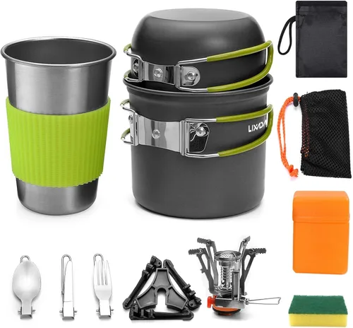 Lixada Juego de utensilios de cocina para camping, portátil, juego de cocina para camping, al aire libre, con estufa, cuchara, tenedor, cortador