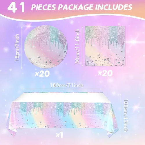 Miniatura 2 de Suministros de decoración de fiesta de cumpleaños con diamantes iridescentes, juego de vajilla de papel holográfico desechable incluye 20 platos, 20