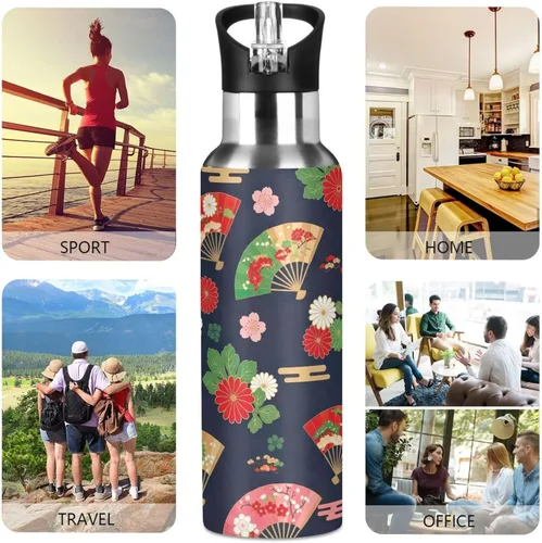 Miniatura 5 de Japanese Fans Vintage Stainless Steel Water Bottle 32 Oz Leakproof Water Bottles, BPA-Free Sport Water Bottle Insulated