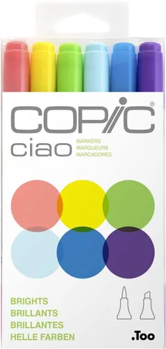 Copic Ciao, marcadores de alcohol, juego de 6 marcadores de arte de doble punta de cepillo para artistas y creadores adolescentes/adultos,