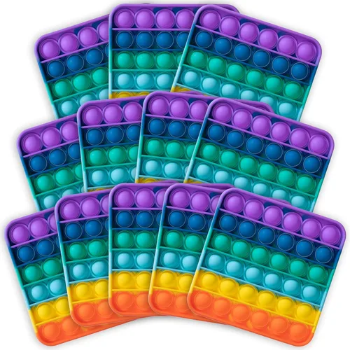 Juguete sensorial Push Pop Bubble Fidget, paquete de 12, cuadrado, 5 x 5 pulgadas, arcoíris, recuerdos de fiesta