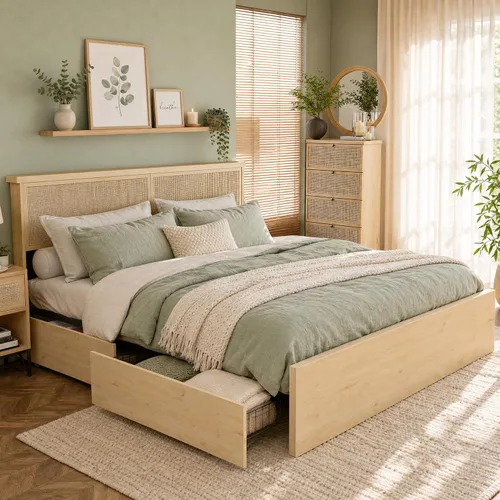 Yechen Marco de cama completa con cabecera de ratán natural y 4 cajones de almacenamiento de madera, marco de cama de roble claro con plataforma de