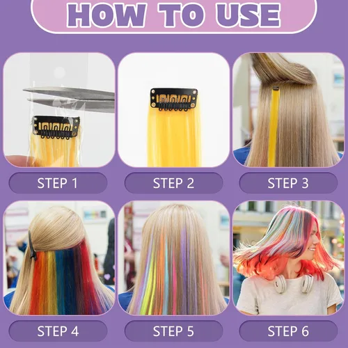 Miniatura 6 de 12 extensiones de cabello con pinza de colores de 20 pulgadas arcoíris largas y lacias de BEAHOT, piezas de cabello sintético para clip, disfraz