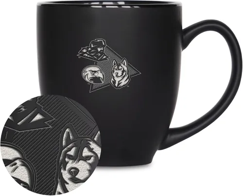 Miniatura 382 de Rico Industries - Taza de cerámica mate negra con grabado láser estándar de 15oz para NCAA (escuelas T & U) - Para bebidas calientes o frías