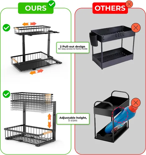Miniatura 6 de Paquete de 2 organizadores para debajo del fregadero de la cocina, organizador de gabinete extraíble de 2 niveles, organizador de metal debajo