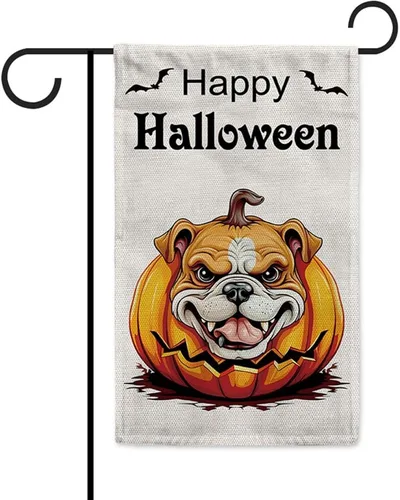 Miniatura 22 de Bandera de jardín de bulldog de Halloween de 12.5 x 18 pulgadas, vertical, doble cara, calabaza de Feliz Halloween, linda cachorro, decoración