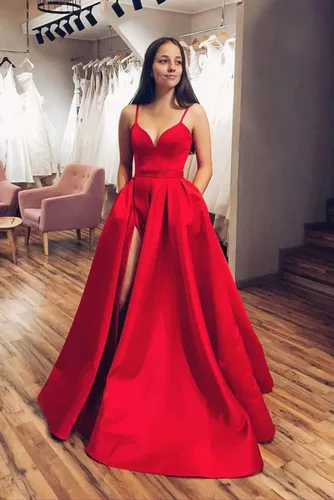 Miniatura 4 de Xjizu Vestido de fiesta de satén con tirantes delgados para mujer, vestidos largos de fiesta de noche con bolsillos