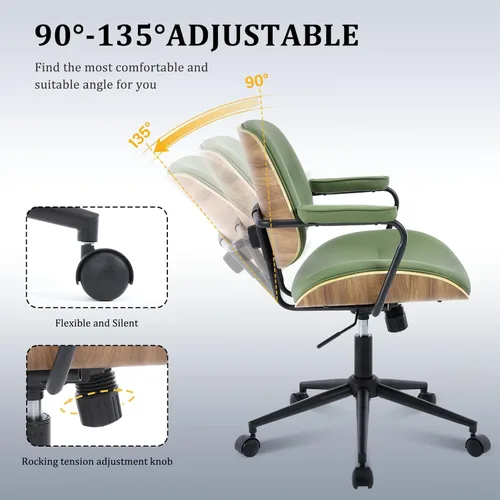 Miniatura 4 de BV Mid Century Modern Juego de 1 Silla de Oficina, Silla de Escritorio Giratoria Rodante con Reposabrazos y Respaldo de Nogal, Silla de Escritorio
