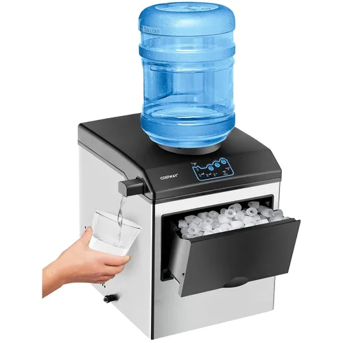 COSTWAY Dispensador de agua integrado para máquina de hielo 2 en 1, 48 libras por día, cubo de hielo de tamaño S/M/L, cesta de almacenamiento de