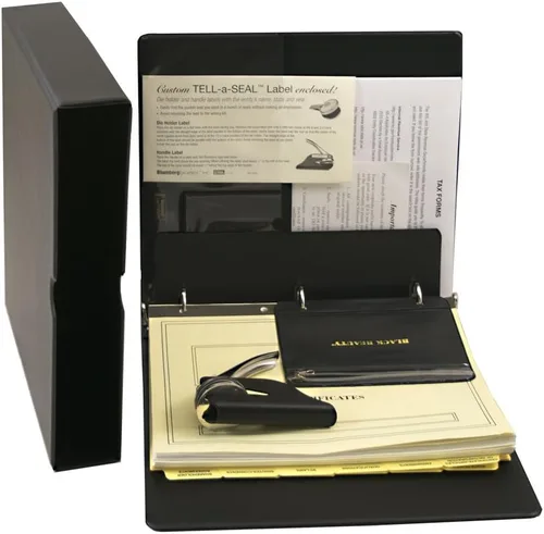 Kit corporativo con carpeta de registros, sello corporativo, certificados con trozos, papel de minutos en blanco y más; Blumberg Black Beauty (kit