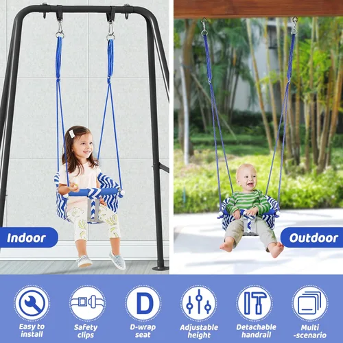 Miniatura 4 de Cómodo asiento de columpio para niños, columpio de bebé resistente, columpios de árbol colgantes de lona with Adjustable Rope, Safety Harness