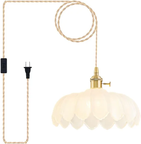 Miniatura 12 de Lámparas colgantes enchufables, lámpara colgante de cristal vintage, mini lámpara colgante de tulipán blanco leche, iluminación colgante para isla