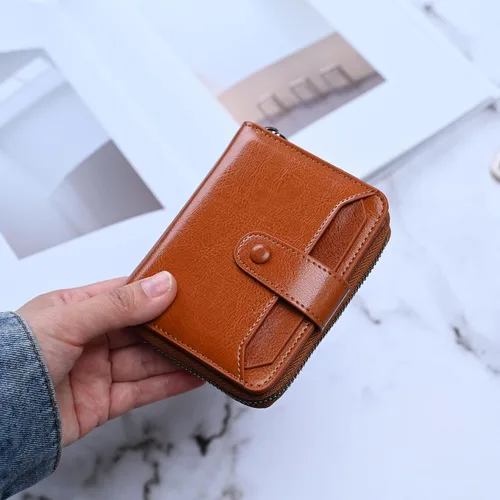 Miniatura 2 de Billetera pequeña para mujer con bloqueo RFID, cierre de cuero, bolsillo para monedas, tarjetero, con ventana de identificación, Marrón