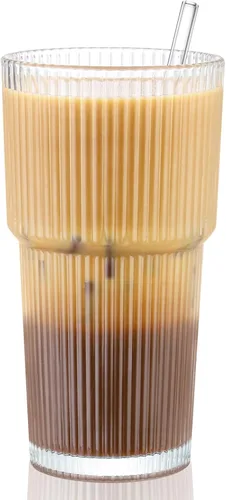 CWHHRN Vaso de vidrio de 20 onzas con pajilla, vaso de vidrio vintage para whisky, cóctel, cerveza, tazas de café helado (paquete de 1)