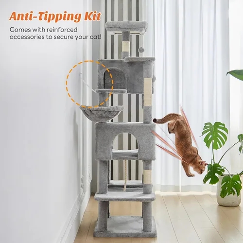 Miniatura 6 de Árbol grande para gatos de 66 pulgadas, torre de árbol para gatos de varios niveles con condominio, perchas, postes rascadores de sisal y hamaca