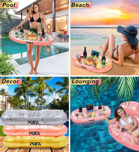 Miniatura 4 de POZA Hielera flotante inflable dorada – Lujoso soporte para bebidas relleno de confeti brillante, flotador de fiesta premium con 8 soportes, barra