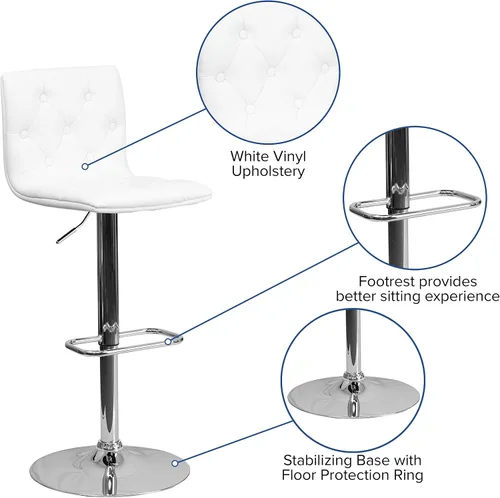 Miniatura 5 de Flash Furniture Taburete de bar contemporáneo de vinilo gris capitoné con botones y altura ajustable con base cromada