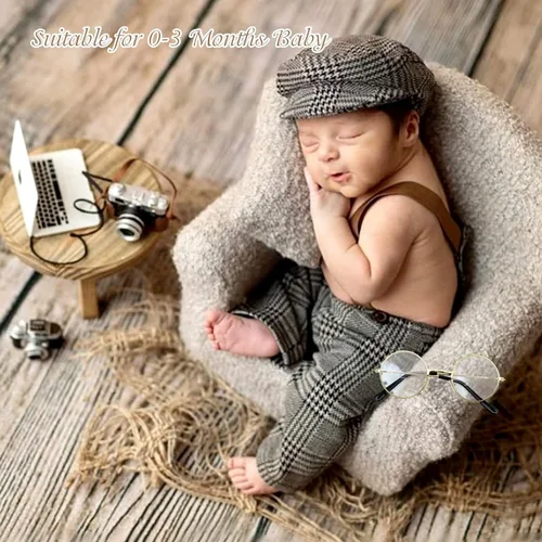 Miniatura 5 de 4 piezas de accesorios para fotos de bebé recién nacido, pantalones de celosía, pantalones con tirantes con boina, gafas de pajarita para disfraces