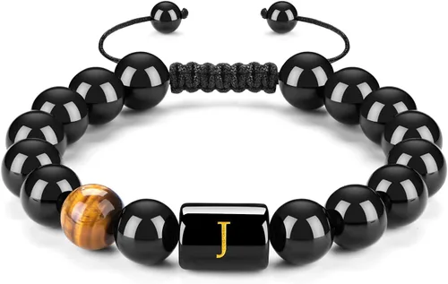 FRG - Brazalete hecho a mano con letra inicial del nombre, las cuentas son de ónix negro u ojo de tigre, la cuerda es trenzada, un brazalete lleno
