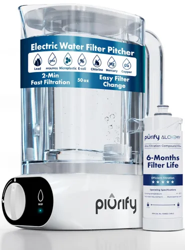 Piurify Jarra de filtro de agua eléctrica compacta de 50 onzas para encimera, elimina el 99% del plomo, microplásticos, PFAS y cloro, tecnología