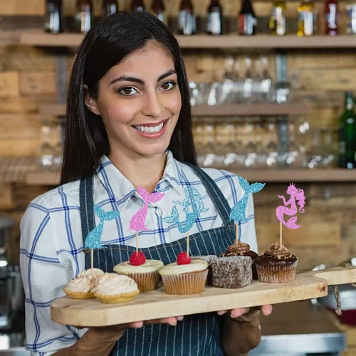 Miniatura 4 de 12 adornos para cupcakes con temática de cola de sirena, decoración de fiesta de cumpleaños