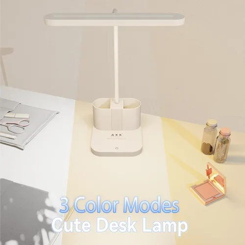 Miniatura 4 de AXX Lámpara de Escritorio Blanca para Dormitorio Universitario, Bonita, LED, Regulable, Pequeña, Portabolígrafos, Cuello de Ganso Flexible, Control