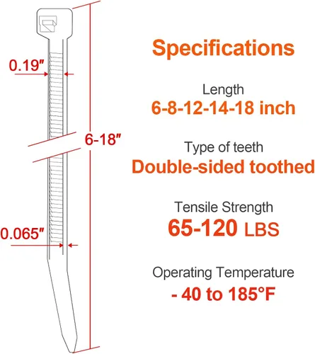 Miniatura 2 de Bridas de Cremallera de Tamaños Variados, Paquete de 500, 6+8+12+14+18 Pulgadas de Doble Cara Dentada, 120 LBS de Resistencia a la Tracción, Bridas