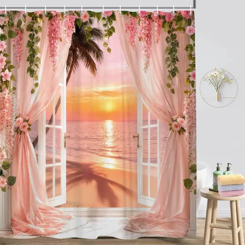 Miniatura 4 de Farmhous - Cortina de ducha con diseño de playa y océano, diseño de paisaje marino con salida del sol, paisaje marino, náutico, playero, para baño