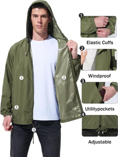 Miniatura 5 de Chaqueta de lluvia impermeable para hombre, rompevientos para correr, resistente al agua, ligera, plegable, con capucha, viajes, senderismo, ciclismo