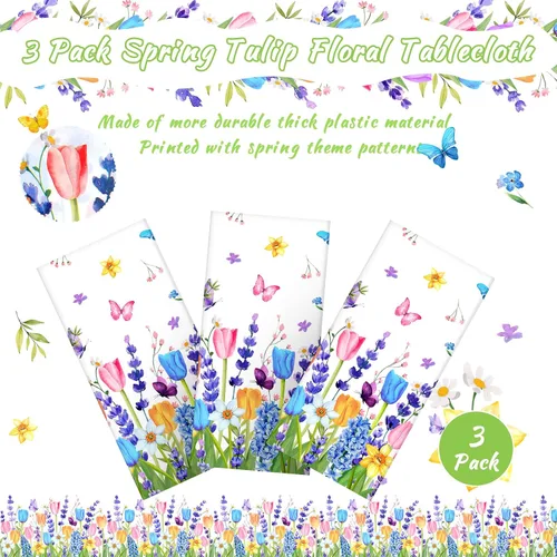 Miniatura 5 de 3 manteles florales desechables de plástico, mantel rectangular de tulipán lavanda, mantel de primavera y verano para mesa rectangular, hogar