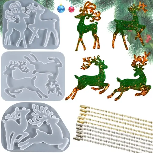 3 moldes de silicona de alce de Navidad de resina con 20 cadenas, molde de bricolaje para colgantes, llaveros, decoraciones de Navidad, resina