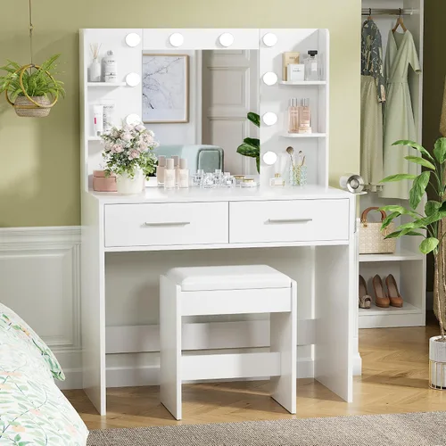 Miniatura 5 de YESHOMY - Escritorio tocador con espejo, mesa de maquillaje con 2 cajones grandes, toma de corriente y soporte redondo, bombilla ajustable de 3