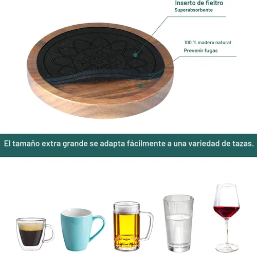 Miniatura 5 de Posavasos de madera para bebidas, Minacun conjuntos de posavasos absorbentes de 5, posavasos para bebidas para protección de mesa de café