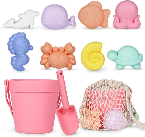 MarcZero 11 piezas de juguetes de playa de silicona, juguetes de playa modernos para bebés, juego de playa apto para viajes, juguete ecológico, cubo