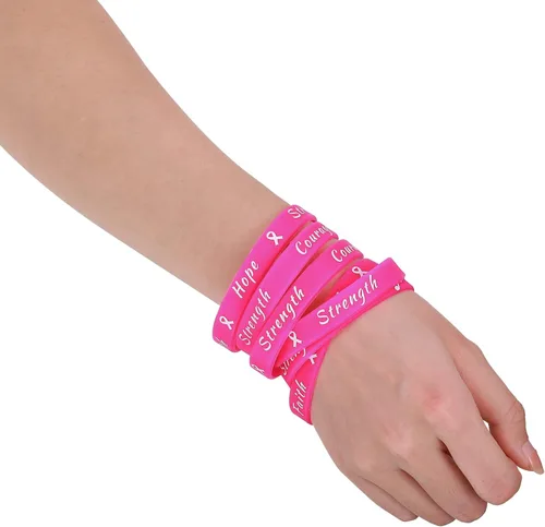 Miniatura 4 de Sratte 60 pulseras de cinta rosa para concientización sobre el cáncer de mama, pulseras de goma para mujeres, fiestas, eventos públicos
