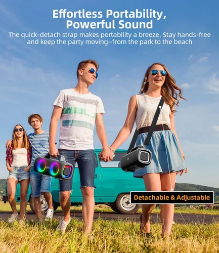 Miniatura 6 de Altavoz Bluetooth portátil inalámbrico, sonido fuerte de 140 W de pico con 2 subwoofers y refuerzo de graves, altavoz impermeable para exteriores