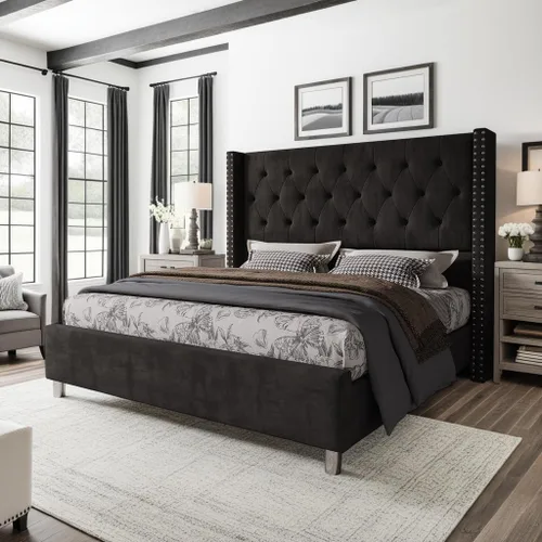 Miniatura 9 de Jocisland Armazón de Cama Queen Tapizada con Cabecero Wingback de Terciopelo Acolchado con Botones en Patrón de Diamante/No Necesita Somier/Fácil