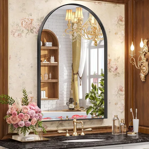 Miniatura 31 de Brightify - Espejo arqueado dorado de 24 x 32 pulgadas, espejo de pared con marco de metal de latón para baño, espejo arqueado superior para tocador