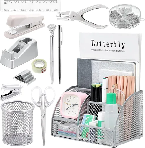 Miniatura 10 de SYMDROMIA Juego de organizador de escritorio de oficina 13 en 1 con engrapadora y dispensador de cinta, soporte para bolígrafos, tijeras, regla